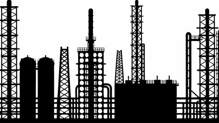 Silhouette of an industrial complex with towers and tanks against a white background landscape view |eps vectors set