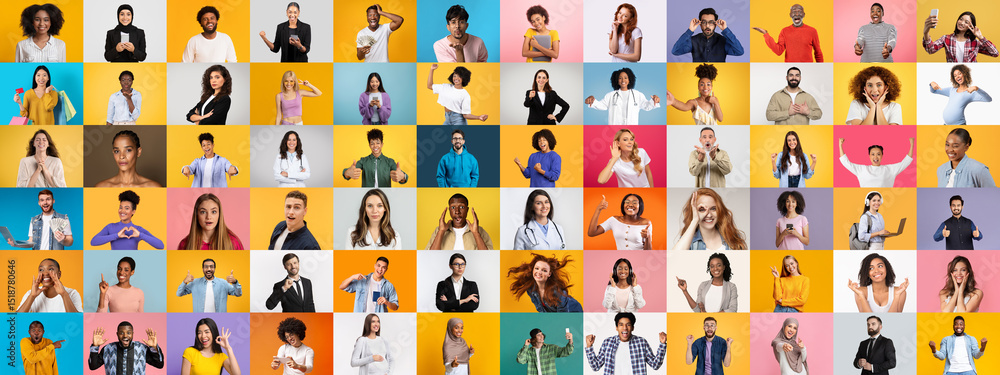 Aufkleber A vibrant collection of diverse individuals displaying a range of expressions and gestures. Each portrait highlights unique backgrounds, cultures, and lifestyles against colorful backdrops.