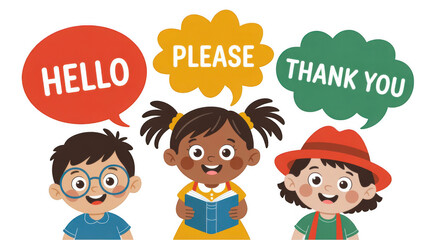 Three smiling and happy cartoon children saying hello, please and thank you inside colorful speech bubbles, promoting politeness and good manners, on a transparent background