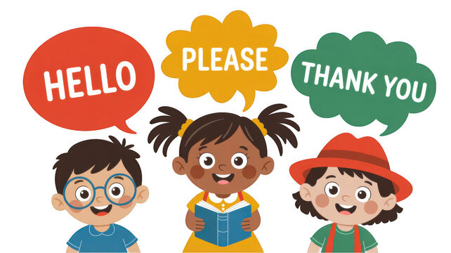 Three smiling and happy cartoon children saying hello, please and thank you inside colorful speech bubbles, promoting politeness and good manners, on a transparent background