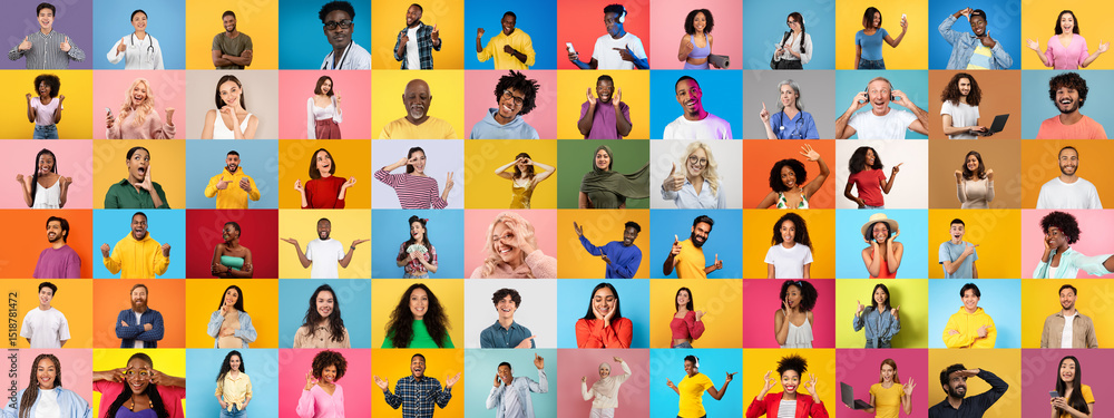 Poster a lively collage showcases diverse individuals of various backgrounds in a bright, colorful setting.