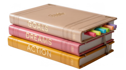 Stacked colorful notebooks labeled goals, dreams, and action, with vibrant markers nestled between pages, symbolize planning and achieving personal and professional objectives