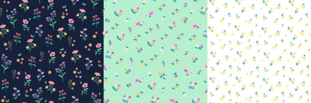 Cute florals prints. kids fabric. textile seamless pattern set of 3 prints of sweet summer florals, spring print for clothing and accessories