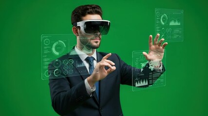 Businessman using VR headset and interacting with holographic data - Powered by Adobe