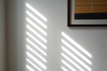Obraz premium Sunlight casting striped shadows through window blinds onto a plain white wall with the corner of a framed abstract artwork visible