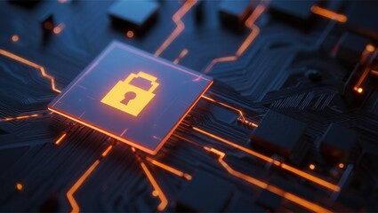 Close-up of a glowing digital lock icon on a futuristic microchip with illuminated circuits representing cybersecurity and data protection