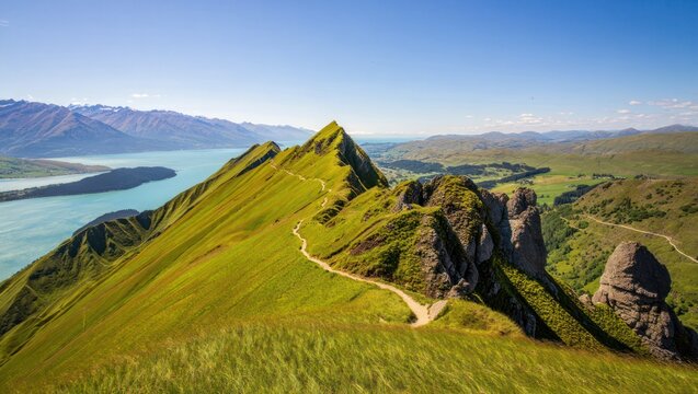 A winding dirt trail along a bright green mountain ridge with rocky formations under clear blue sky overlooking distant mountains and a large turquoise lake