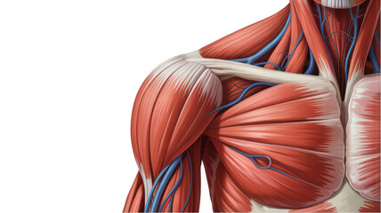 Highly detailed 3d rendering of human muscular system showing pectoral muscles and deltoid with transparent background, perfect for medical illustrations and educational purposes