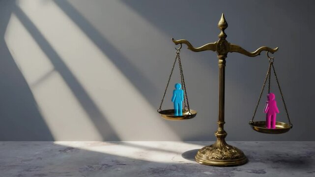 Gender equality concept shown with balance scales, man and woman, a call for fairness and parity