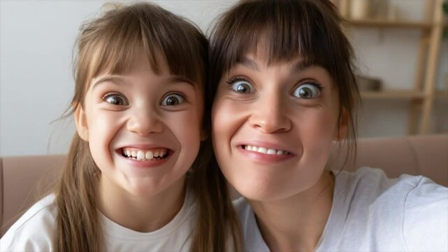 A mother and daughter making silly faces at the camera