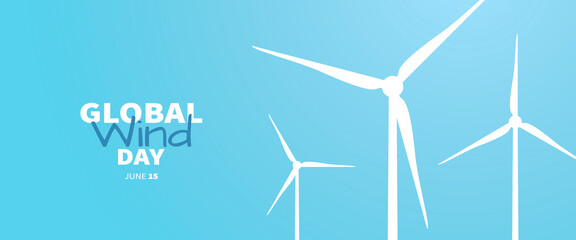 World wind day 15 june poster with windmills on blue background. White silhouettes of wind turbines. Wind towers with vanes for producing renewable alternative natural energy. Vector illustration