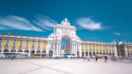 Naklejka premium Commerce Square in downtown Lisbon, one of the largest squares in Europe timelapse hyperlapse