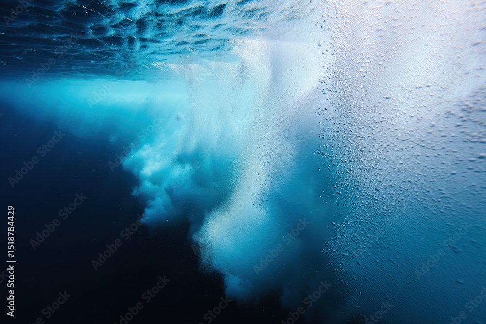 Poster underwater view of turbulent bubbles and foam created by a large object or wave breaking the ocean s