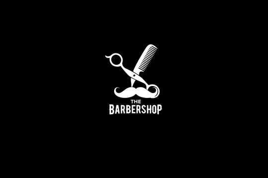 Minimalistic black and white barber shop logo featuring scissors and comb forming a mustache shape with bold text below