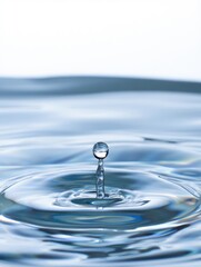 Close-up of a single water droplet rising above the water surface causing ripples and reflections in a calm blue environment