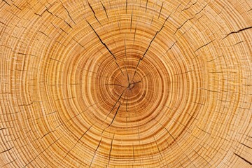 Close-up view of a tree trunk cross-section showing detailed growth rings and natural cracks in light brown wood