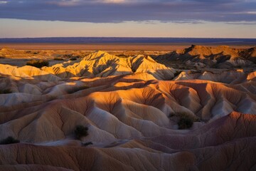 Sunlit layered rocky desert landscape with shadowed hills and distant plains under a partly cloudy sky during golden hour