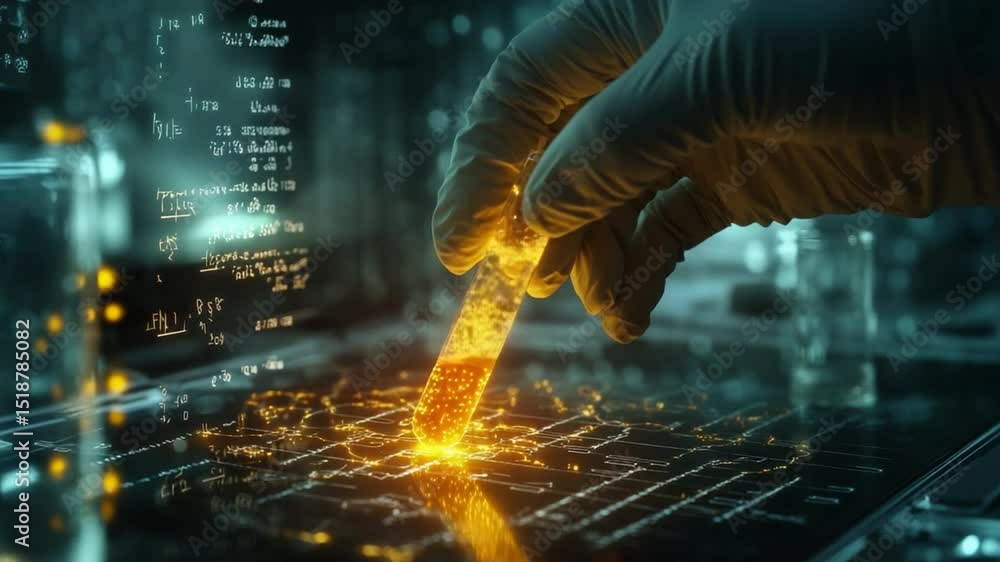 Poster futuristic laboratory analysis: scientist examining glowing sample in digital interface