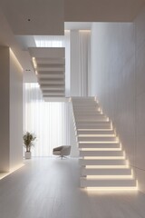 Obraz premium Modern interior with floating stairs and natural light, creating a clean and minimalist design with a serene and bright atmosphere.