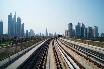 Obraz premium Curved railway tracks on elevated metro line with modern skyscrapers and urban buildings under a clear blue sky