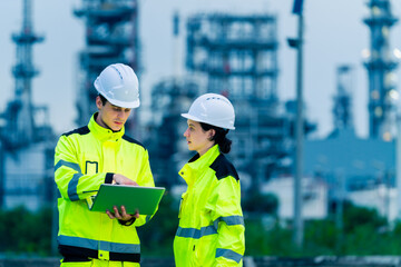 Petrochemical industry engineer teamwork working on laptop computer inspection petroleum oil refinery plant construction site at night. Engineering technician maintaining energy power gas system.