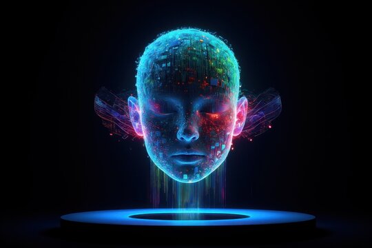 Glowing futuristic digital human head with closed eyes surrounded by holographic and neon technological elements floating above a circular platform in dark space