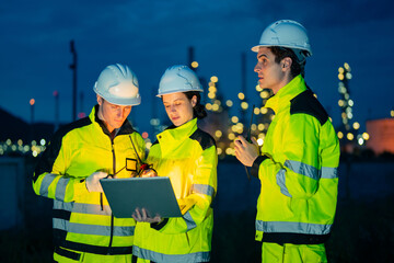 Fototapeta premium Petrochemical industry engineer teamwork working on laptop computer inspection petroleum oil refinery plant construction site at night. Engineering technician maintaining energy power gas system.