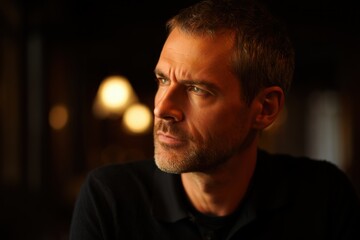 Fototapeta premium portrait of a contemplative middle-aged man with short hair and stubble looking thoughtfully to the side in warm dim lighting