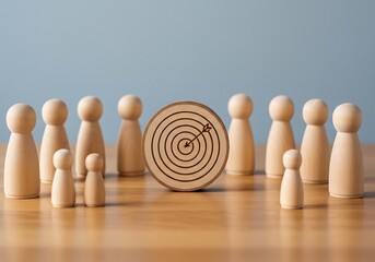 Teamwork and Business Goals Execution. A wooden disc with a bullseye and arrow icon is placed among wooden figures, symbolizing goal setting, business strategy, leadership, and teamwork.