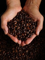 close-up of hands holding and pouring roasted coffee beans over a large pile of coffee beans with dark background