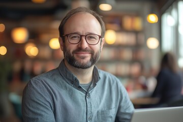 Enthusiastic Middle-Aged Man Smiling While Working Remotely in Cozy Coffee Shop with Modern Decor