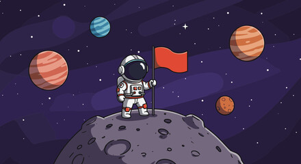Astronaut with flag on moon among planets