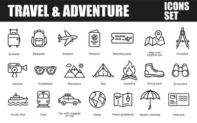 A clean, minimalist set of line icons representing various elements of travel and adventure, including luggage, transportation, outdoor gear, and navigational tools.