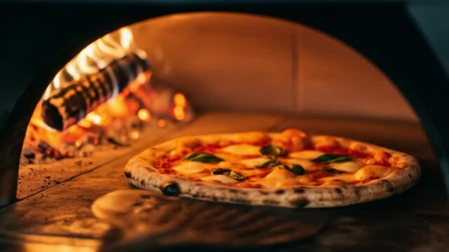 A classic Neapolitan Margherita pizza with blistered crust, San Marzano tomato sauce, fresh mozzarella di bufala, and basil leaves, shot in a wood-fired oven