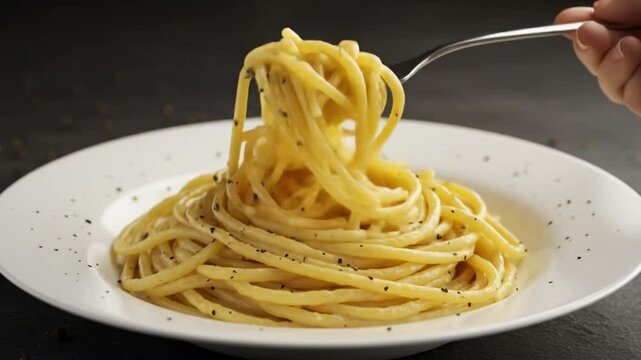 Spaghetti cacio e pepe with creamy Pecorino Romano sauce and cracked black pepper