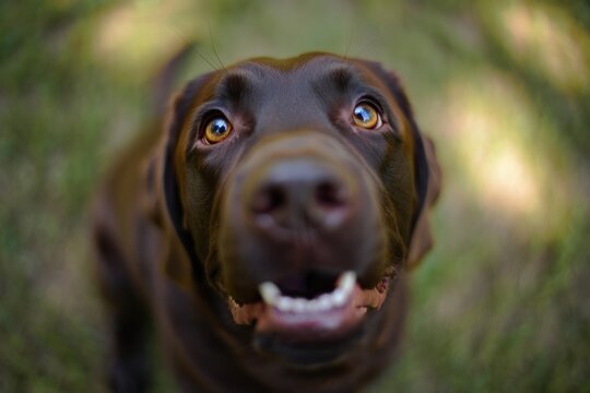 close-up of a happy chocolate brown dog with shiny eyes looking up outdoors with blurred natural background - Powered by Adobe