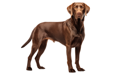 A chocolate labrador retriever standing in a studio with a black background looking at the viewer