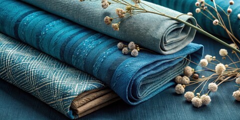 Stack of Rolled Denim Fabrics with Dried Flowers, Textured and Elegant, Showing Various Shades of Blue and Subtle Patterns