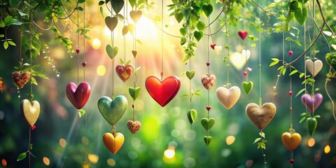Sunlit Garden with Hanging Hearts A Charming Display of Colorful, Ornate Heart Decorations Suspended from Lush Green Branches