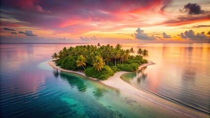 Serene Island Paradise at Sunset A Lush Tropical Oasis with Vibrant Colors and Tranquil Waters