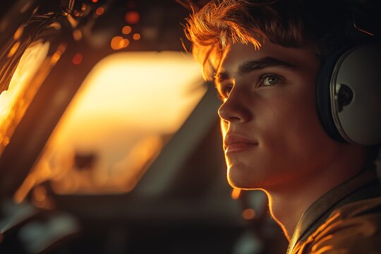 Young Aspiring Pilot in Airplane Cockpit at Sunset Aviation Dreams and Professional Pilot Training Adventure