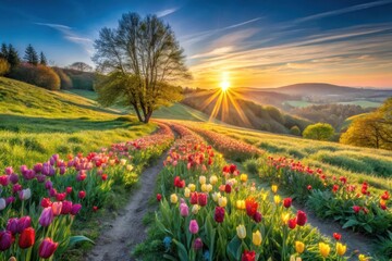 Serene Sunrise Illuminates a Rolling Landscape of Vibrant Tulips and a Majestic Solitary Tree