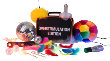 Colorful sensory toys, including disco balls, feathers, fiber optic lights, and a rainbow plush ball, arranged with a black bag labeled overstimulation edition on a transparent background