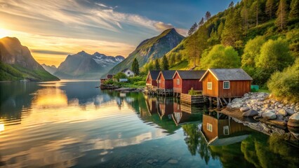 Serene Sunset Over Calm Waters Reflecting Picturesque Wooden Cabins Nestled Amongst Lush Green Hills