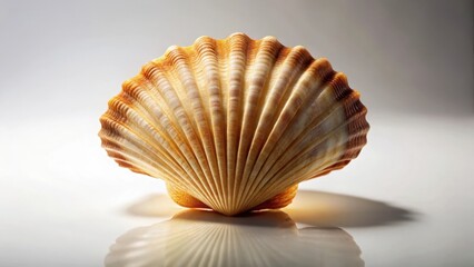 A sunlit seashell rests on a reflective surface, showcasing its intricate ribbed texture and delicate, creamy-orange hues.  Its elegant form creates a captivating study in natural beauty.