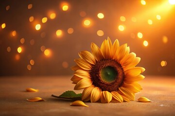 A single sunflower rests gently on a textured surface, bathed in the warm glow of ambient lighting, its petals slightly scattered nearby, creating a serene and peaceful autumnal scene.