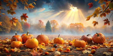 Autumnal Harvest Scene Pumpkins Basking in Golden Sunlight Amongst Colorful Leaves and Misty Meadow