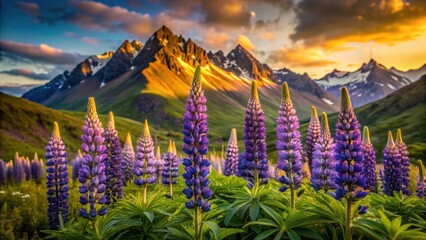 Serene Sunset Panorama Vibrant Lupine Flowers Blooming Amidst Majestic Mountains at Golden Hour