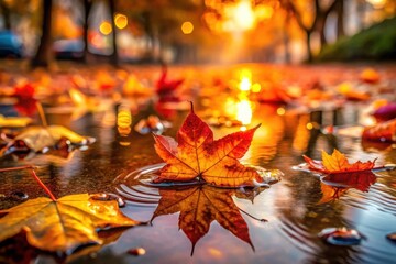 Autumnal Leaf Floating on a Puddle's Surface at Sunset, Reflecting Warm Colors and the Season's Tranquility