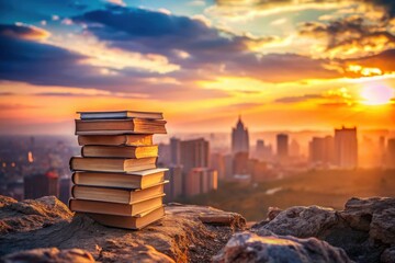 A Stack of Books at Sunrise Over a Distant City Skyline, a Symbol of Knowledge and Urban Development